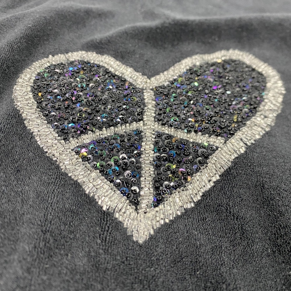 Twisted Heart Hoodie Womens Small Black Velour Beaded Heart Peace Zip Up - Picture 12 of 13